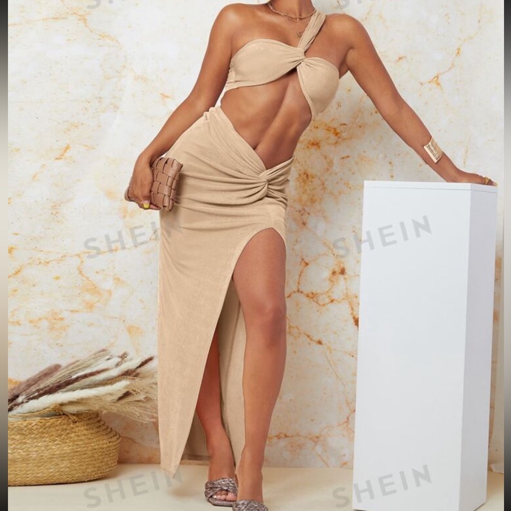 NWTS One Shoulder Twist Crop Top & Split Thigh Skirt Set Size XS, color Apricot